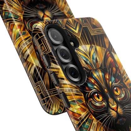 Art Deco Cat Tough Phone Case — Golden Geometric Protective Cover
