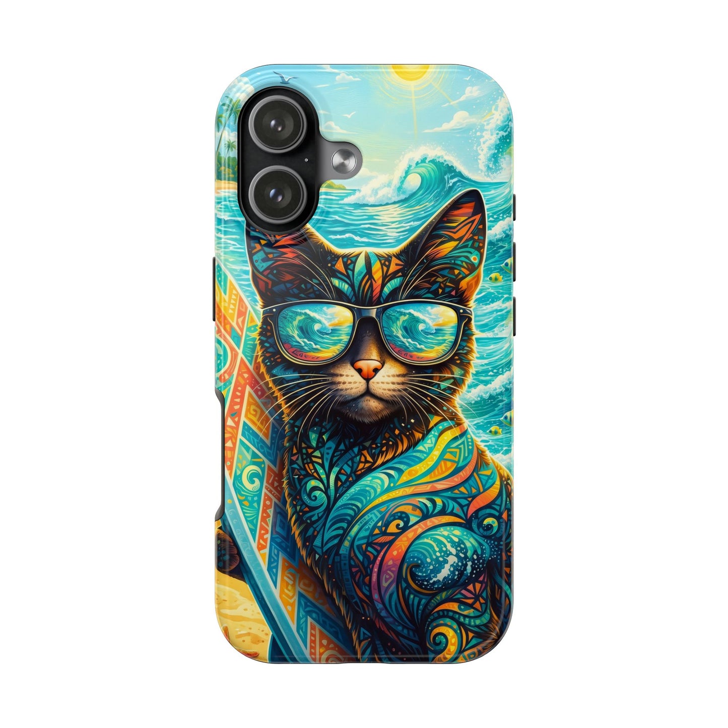 Tropical Surf Cat Tough Phone Case — Colorful Sunglasses Cat Slim Protective Cover