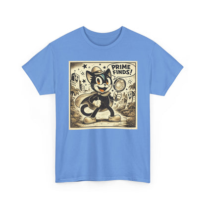Light blue vintage detective cat t-shirt with retro cartoon print on the chest