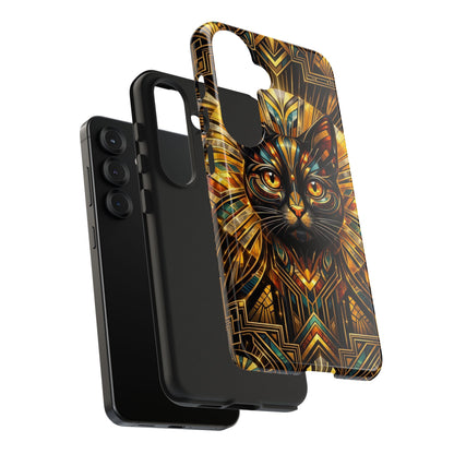 Art Deco Cat Tough Phone Case — Golden Geometric Protective Cover
