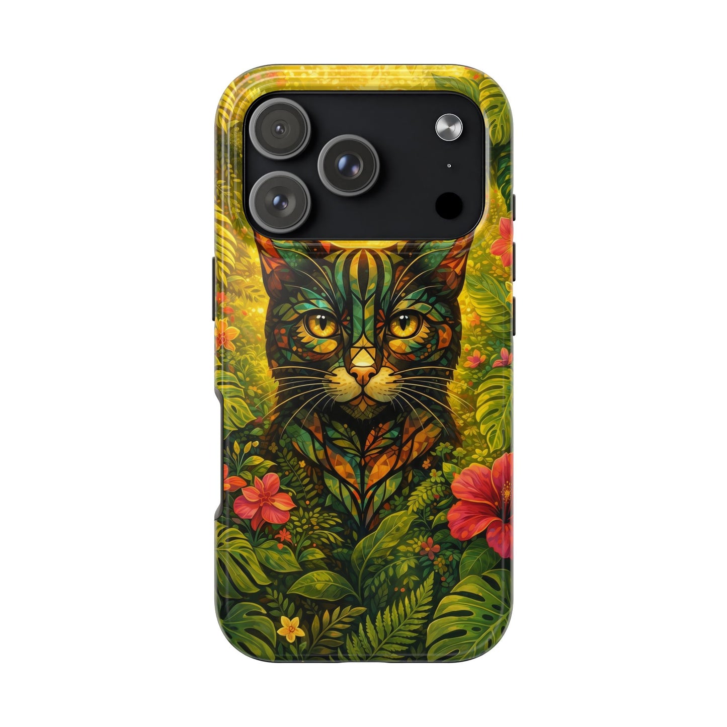 Tough phone case showing jungle cat face over green and yellow tropical foliage