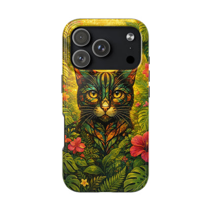 Tough phone case showing jungle cat face over green and yellow tropical foliage