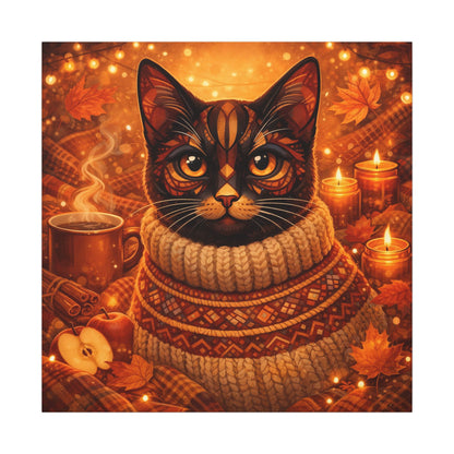 Autumn Cozy Cat Canvas - Warm Fall Cat Portrait with Sweater, Candles & Coffee