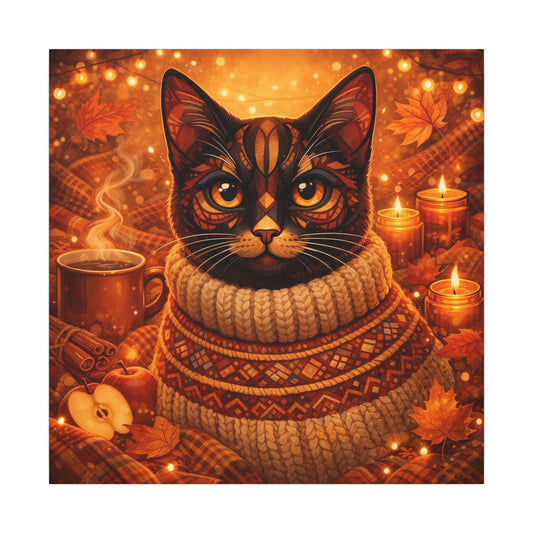 Cat portrait canvas: black tabby cat wearing knit sweater and patterned scarf, candles and autumn leaves