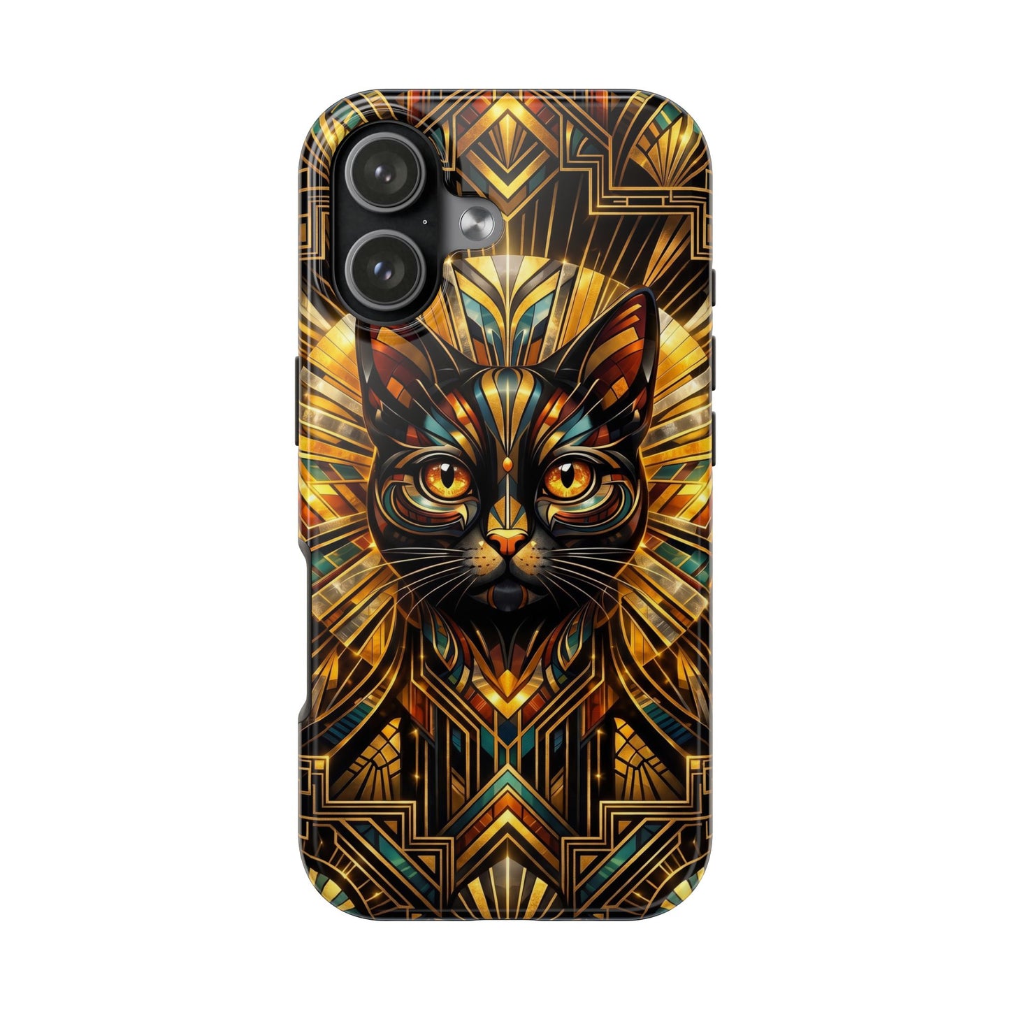 Art Deco Cat Tough Phone Case — Golden Geometric Protective Cover