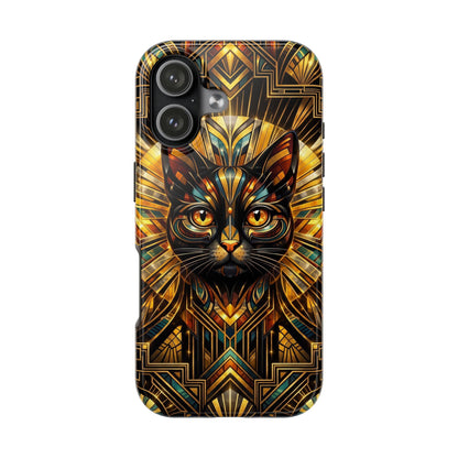 Art Deco Cat Tough Phone Case — Golden Geometric Protective Cover