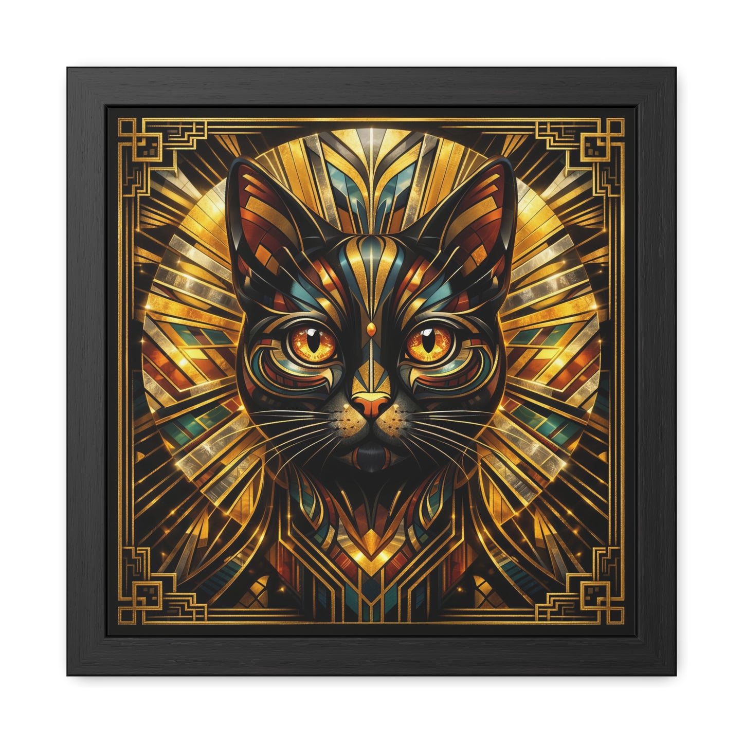 Art Deco Cat Framed Poster — Golden Stained-Glass Feline Wall Art
