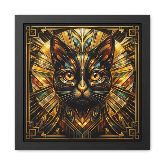 Framed art deco cat wall poster with stained-glass style golden geometric details