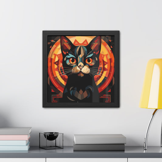 Framed poster featuring stylized black cat with geometric sun halo in red and orange.