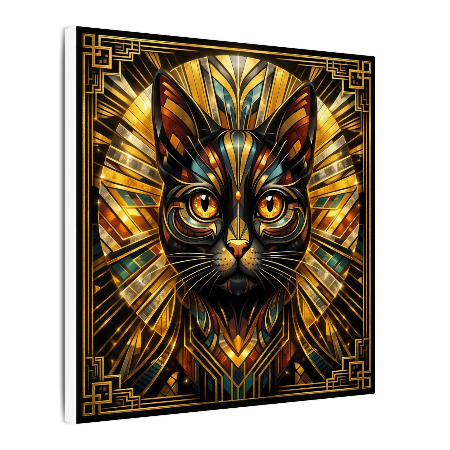 Art Deco Cat Canvas Print — Golden Geometric Feline Wall Art