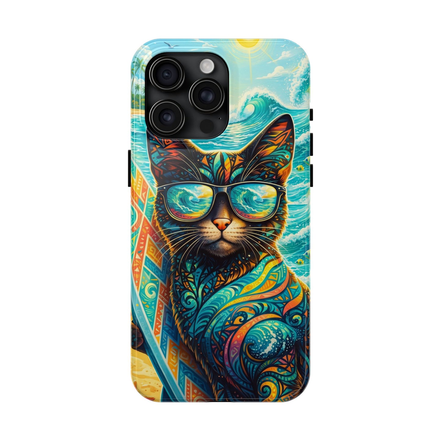 Tropical Surf Cat Tough Phone Case — Colorful Sunglasses Cat Slim Protective Cover