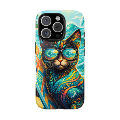 Tropical Surf Cat Tough Phone Case — Colorful Sunglasses Cat Slim Protective Cover