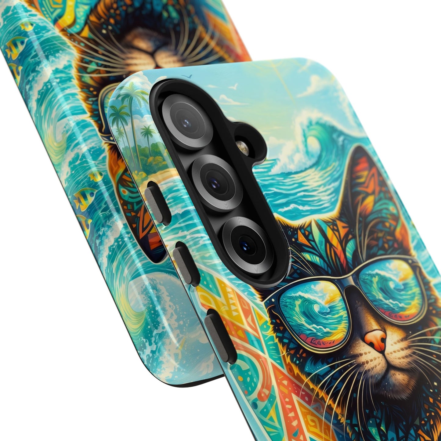 Tropical Surf Cat Tough Phone Case — Colorful Sunglasses Cat Slim Protective Cover
