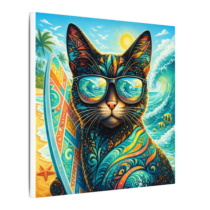 Surf Cat Canvas Wall Art — Colorful Tropical Cat with Sunglasses