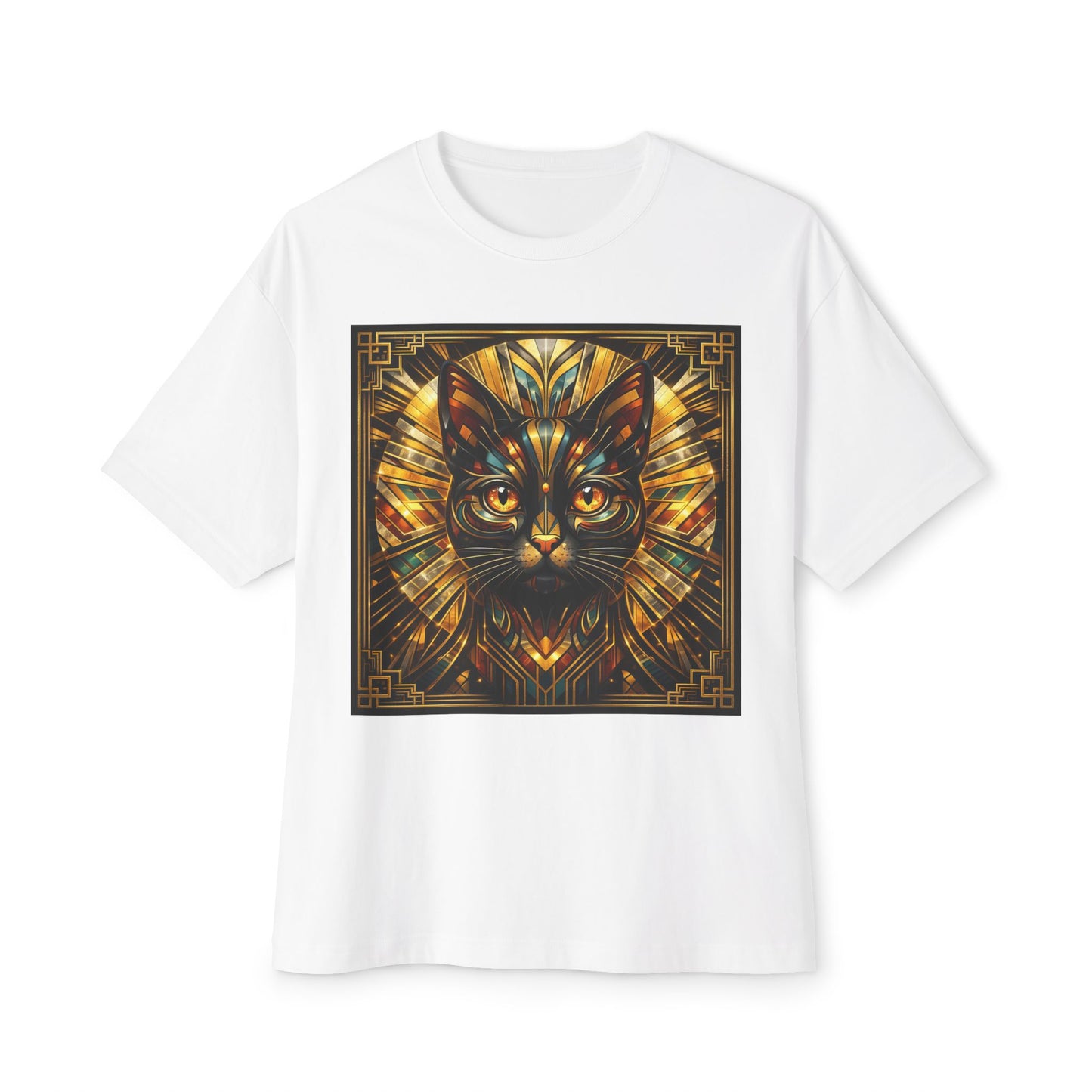 Art Deco Cat Graphic Tee — Golden Stained-Glass Feline Print