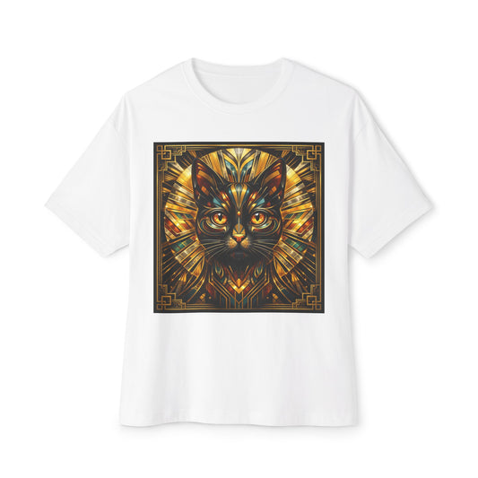 White graphic cat tee with gold stained-glass style feline print