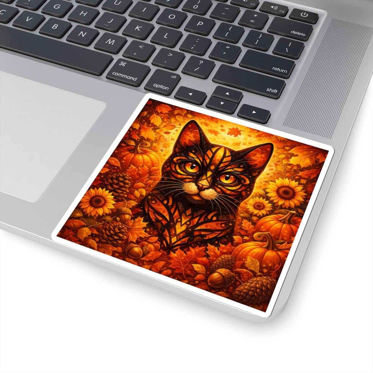 Autumn Cat Kiss-Cut Sticker — Pumpkin, Sunflower & Fall Leaves Design