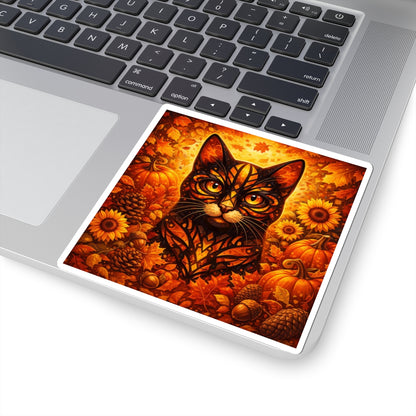 Autumn Cat Kiss-Cut Sticker — Pumpkin, Sunflower & Fall Leaves Design