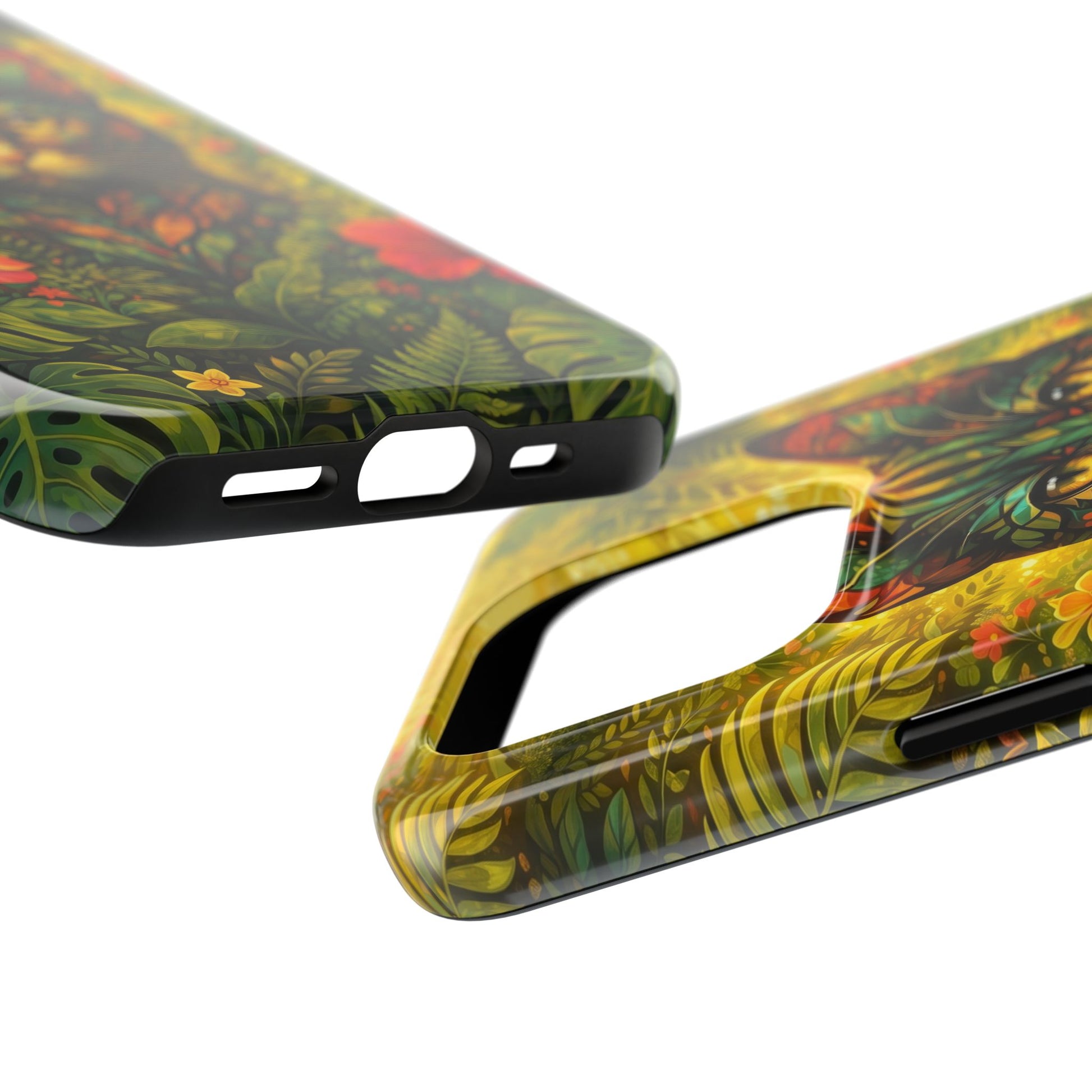 Tough phone case corner and side openings, featuring jungle cat leaf print and raised edge protection.