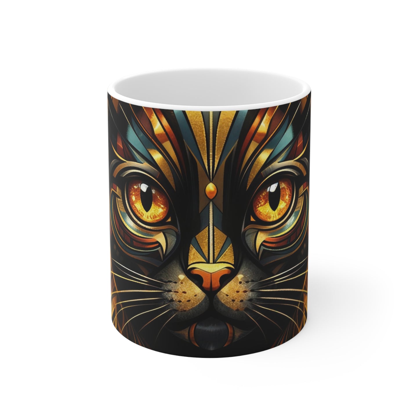 11oz Cat Mug — Golden Geometric Mystic Cat Coffee Cup