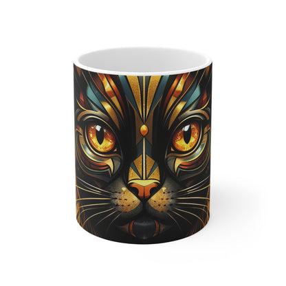 11oz Cat Mug — Golden Geometric Mystic Cat Coffee Cup