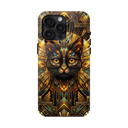 Art Deco Cat Tough Phone Case — Golden Geometric Protective Cover