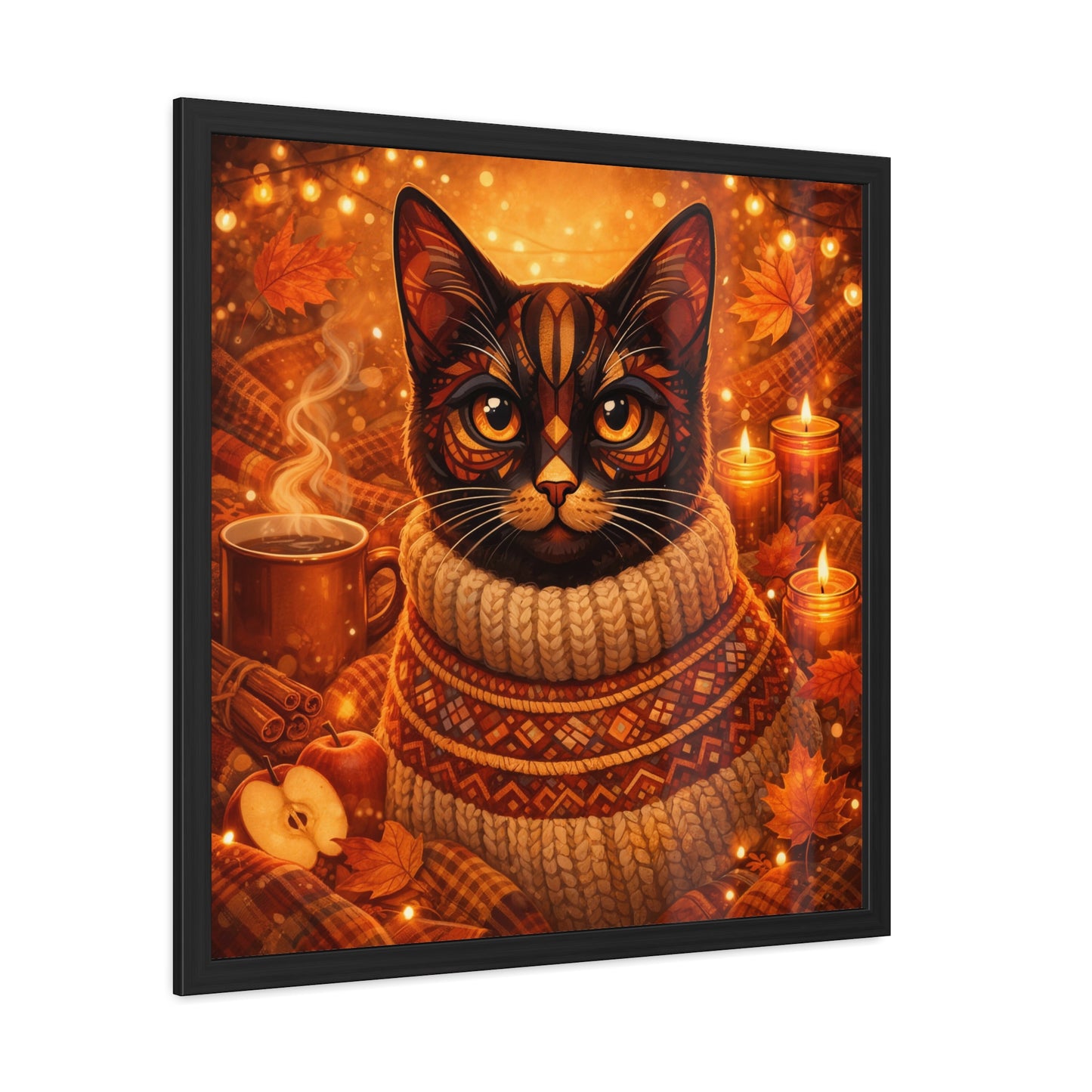 Autumn Cozy Cat Framed Poster — Sweater Cat Wall Art for Fall Decor