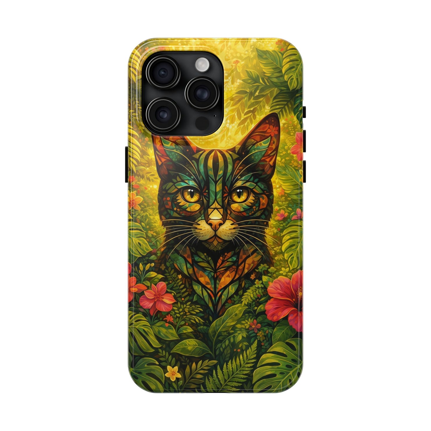 Tough phone case featuring a jungle cat portrait on vibrant tropical foliage
