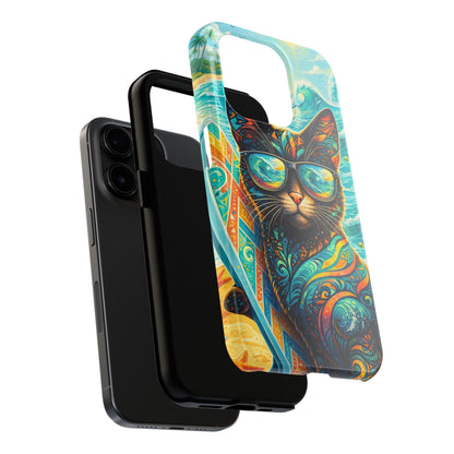 Tropical Surf Cat Tough Phone Case — Colorful Sunglasses Cat Slim Protective Cover