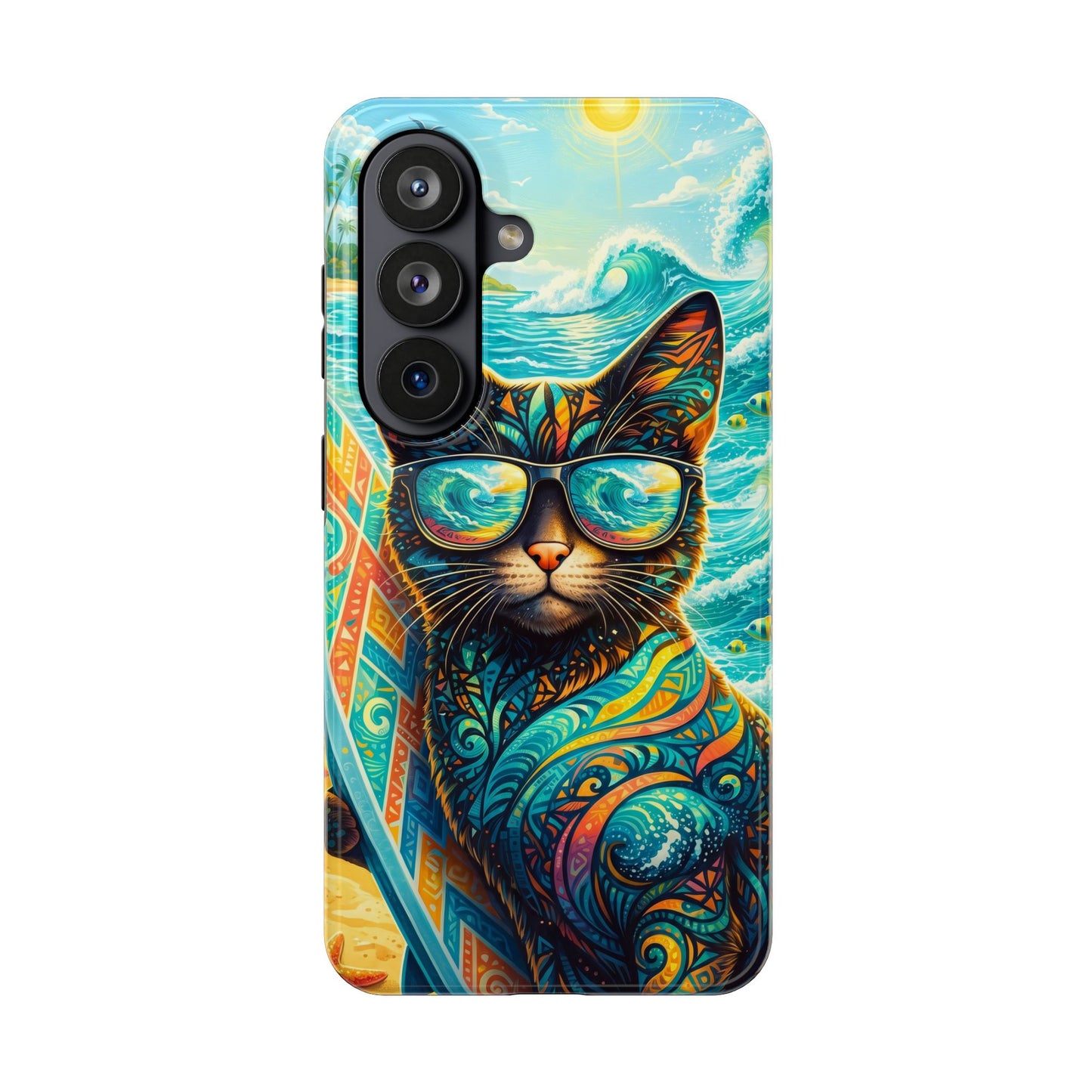 Tropical Surf Cat Tough Phone Case — Colorful Sunglasses Cat Slim Protective Cover