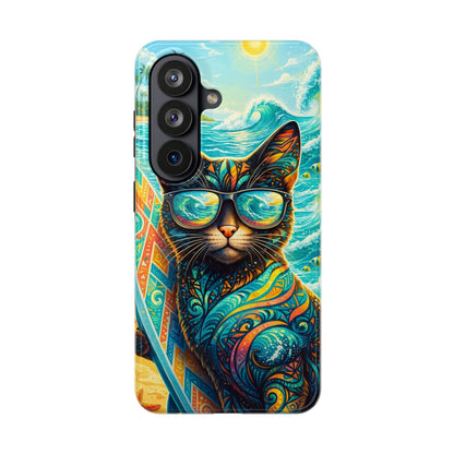 Tropical Surf Cat Tough Phone Case — Colorful Sunglasses Cat Slim Protective Cover