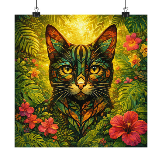 Hanging tropical cat poster with leafy plants, hibiscus blooms, and bright cat eyes