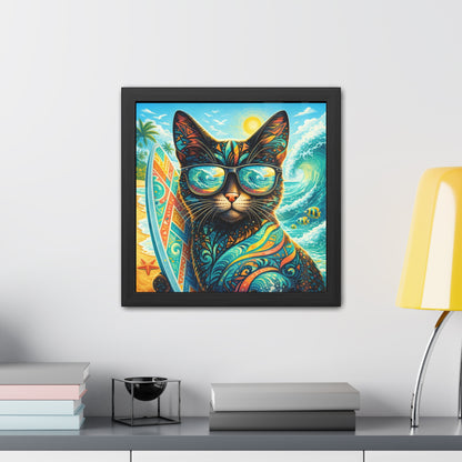 Surfing Cat Framed Poster — Colorful Tropical Cat with Sunglasses Art