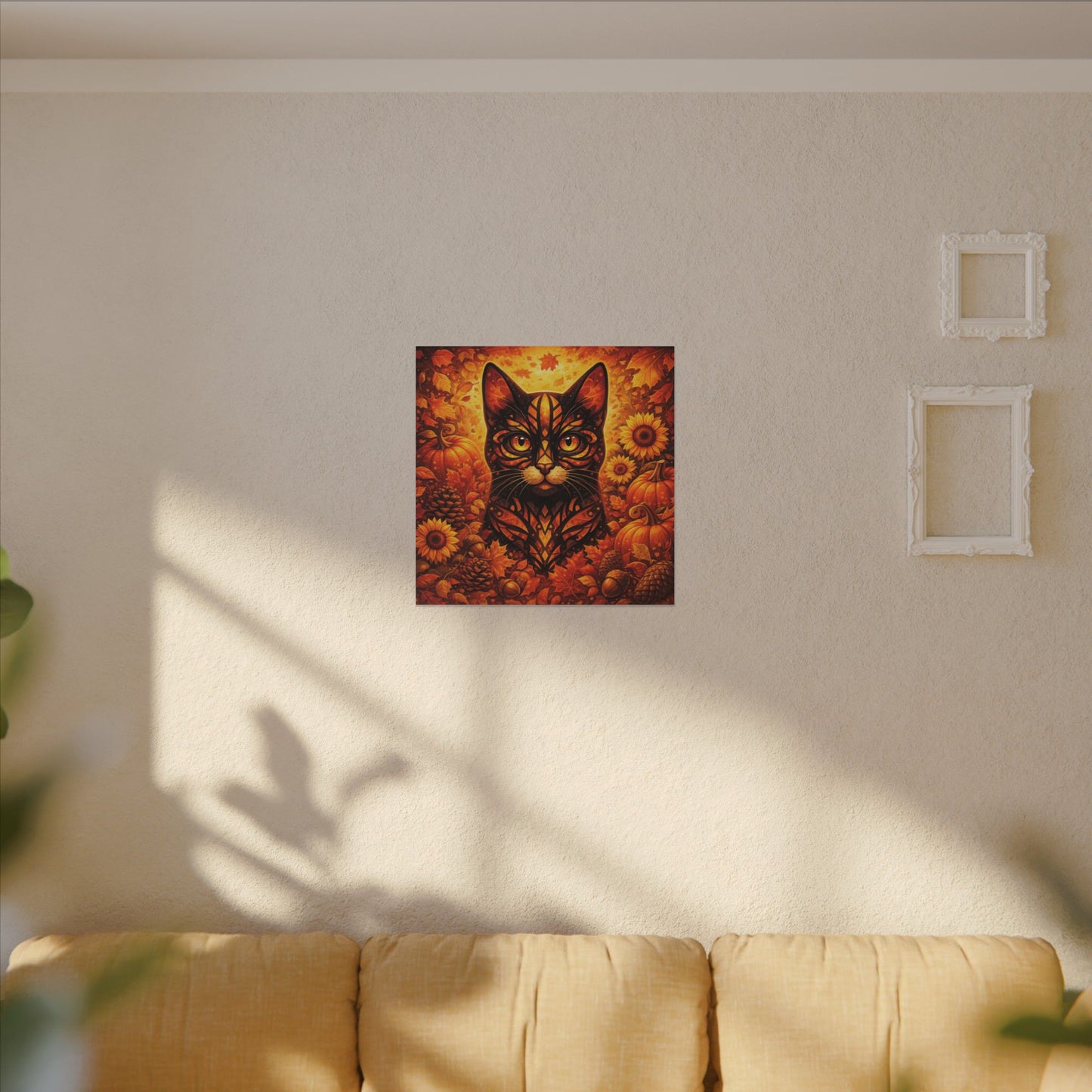 Autumn Cat Canvas Art — Pumpkin & Sunflower Fall Wall Decor