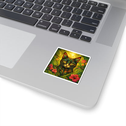 Tropical Cat Sticker — Colorful Botanical Kiss-Cut Decal for Laptops & Water Bottles