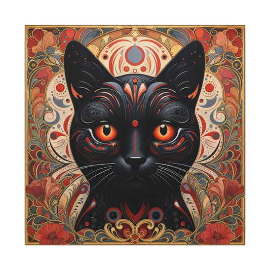 Framed black cat canvas wall art with swirling folk art background, orange eyes