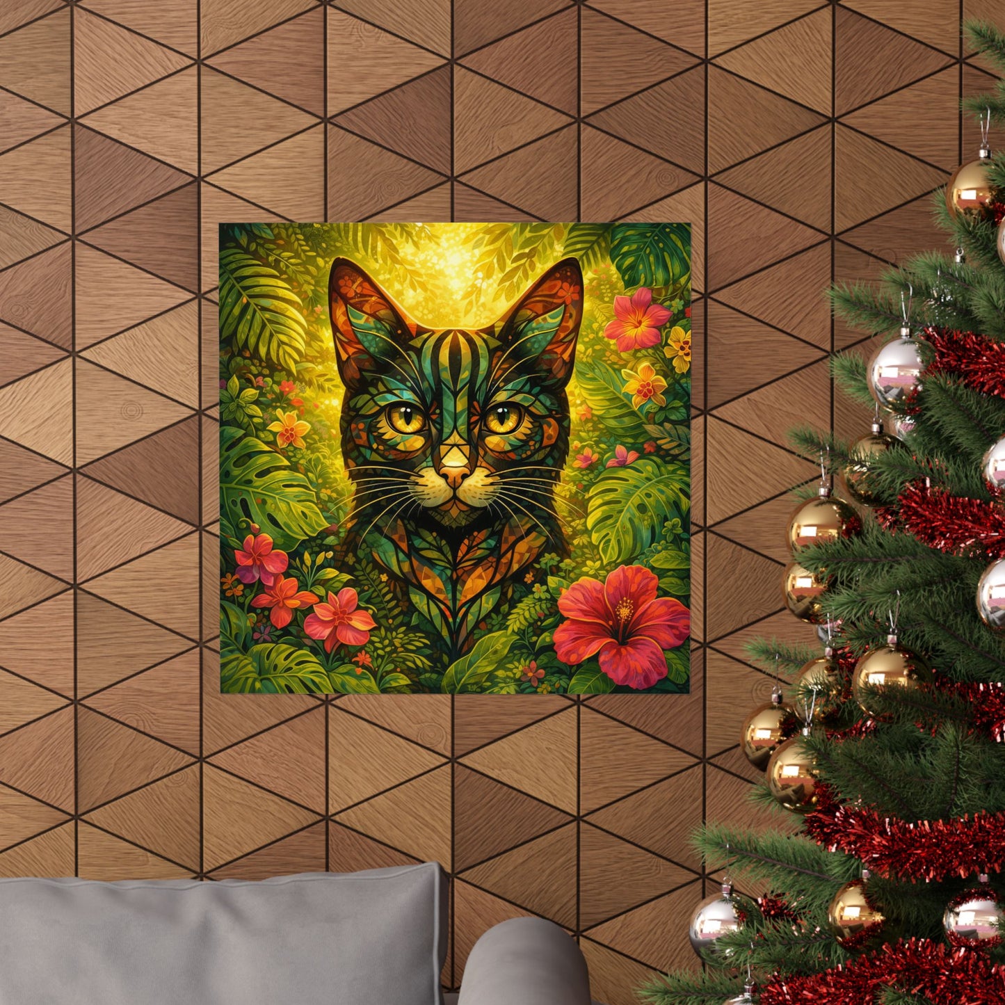 Tropical Cat Poster — Vibrant Botanical Matte Vertical Wall Art