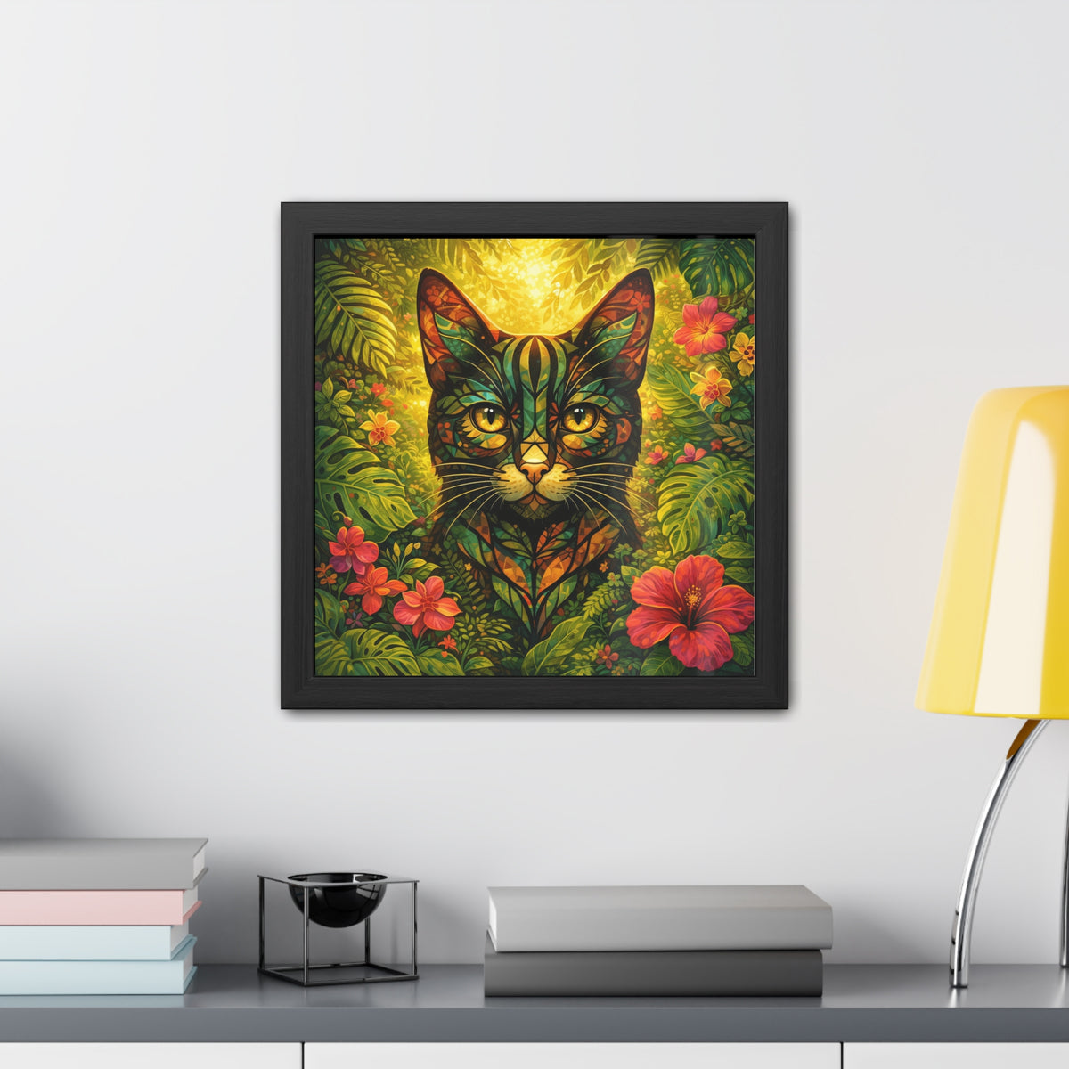 Framed tropical botanical cat art with black border and red hibiscus-like flowers