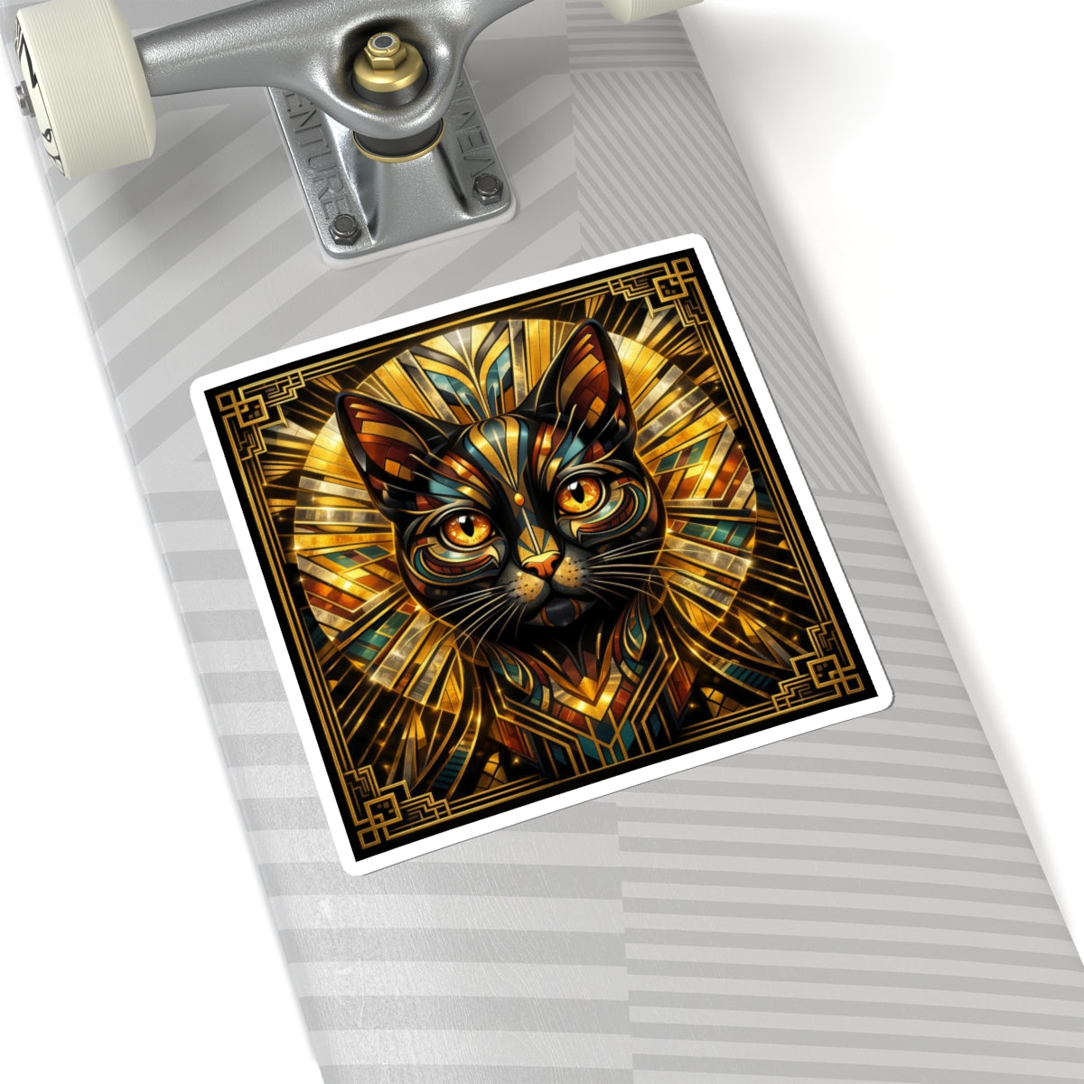 Art Deco Cat Kiss-Cut Sticker — Metallic Gold Geometric Feline Laptop Decal