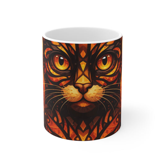 Halloween cat mug with orange and black cat face design, white rim and handle