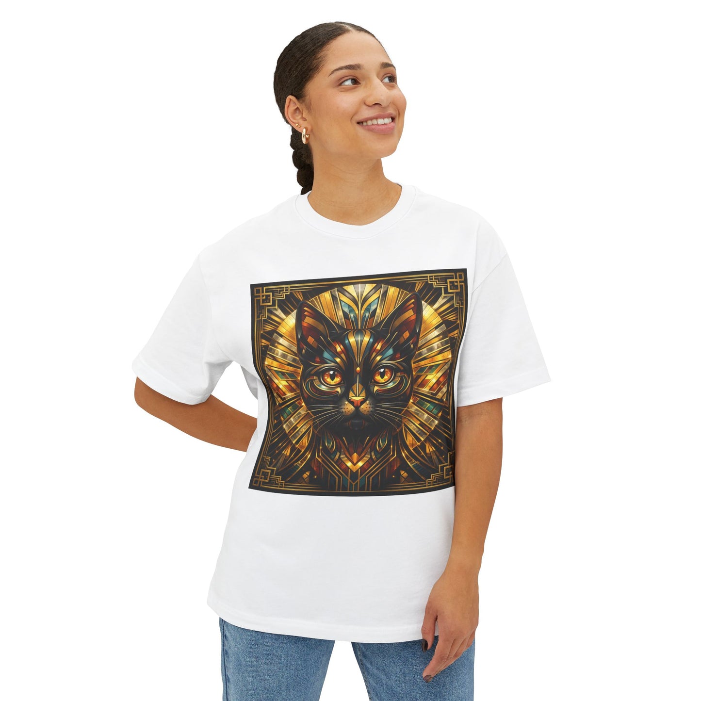 Art Deco Cat Graphic Tee — Golden Stained-Glass Feline Print