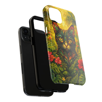 Tough phone case with jungle cat design in green leaves and red flowers, protective bumper edges.