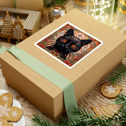 Black Cat Art Sticker — Ornate Orange Eyes Kiss-Cut Vinyl Sticker