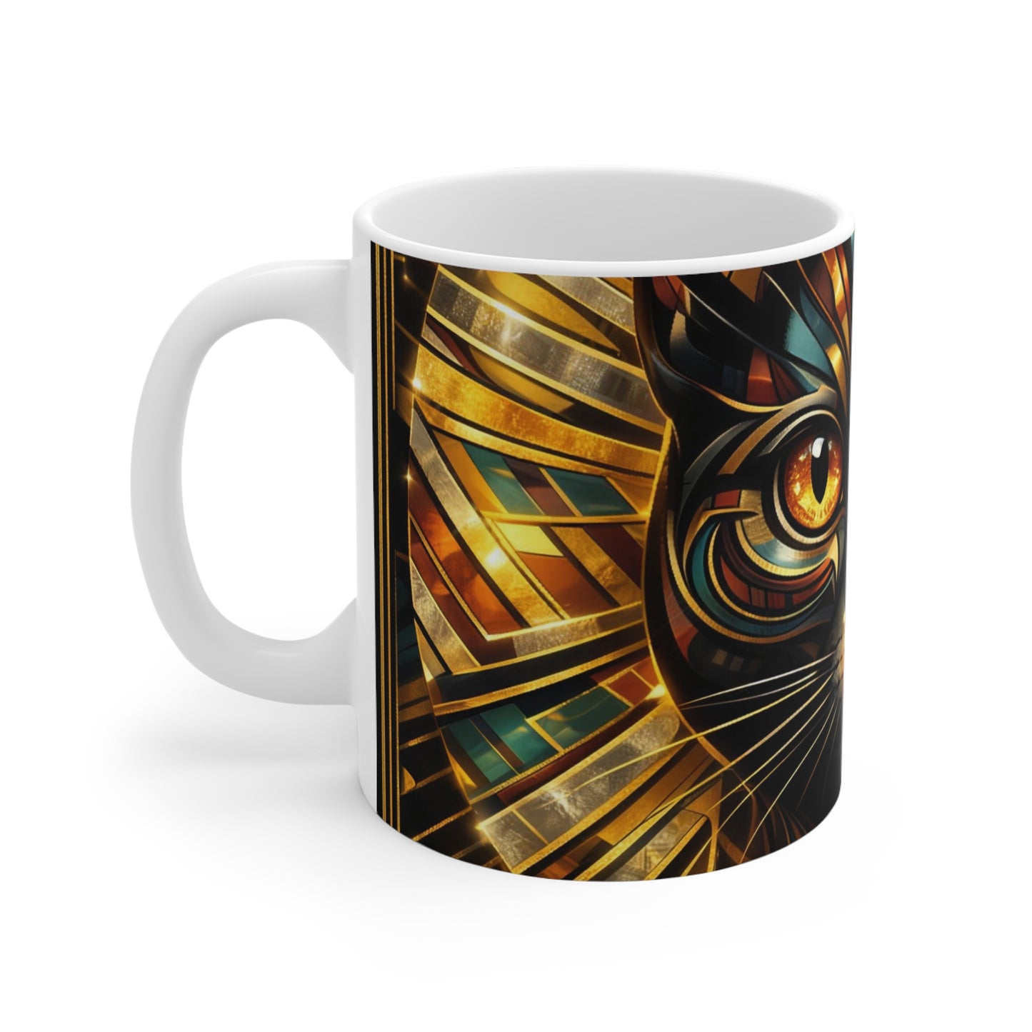 11oz Cat Mug — Golden Geometric Mystic Cat Coffee Cup