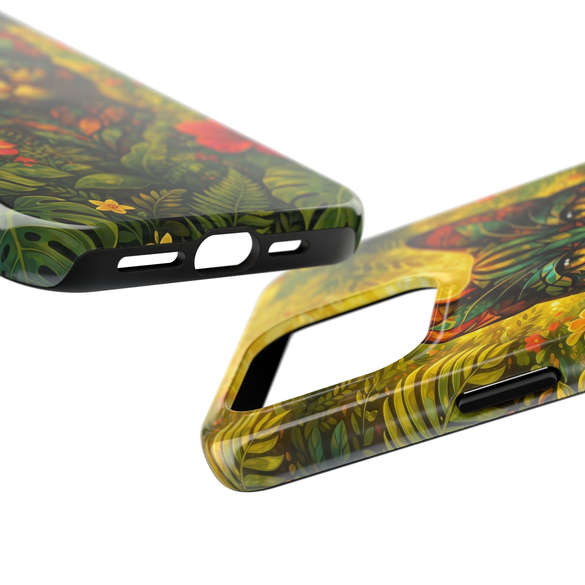 Tough phone case angled side view with jungle cat leaf print, raised screen lip and cutouts.
