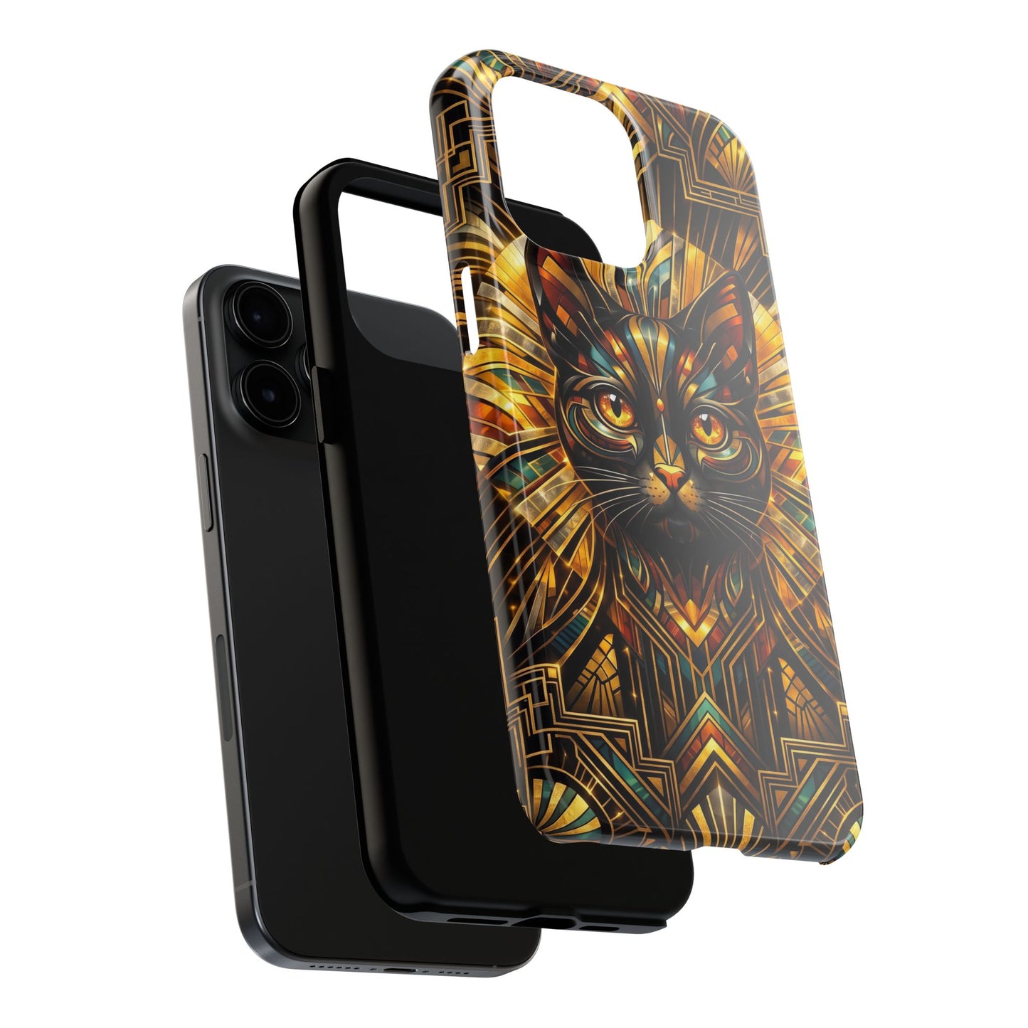 Art Deco Cat Tough Phone Case — Golden Geometric Protective Cover