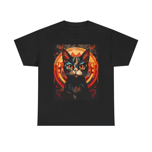 Charcoal graphic cat T-shirt with retro geometric feline artwork on the front