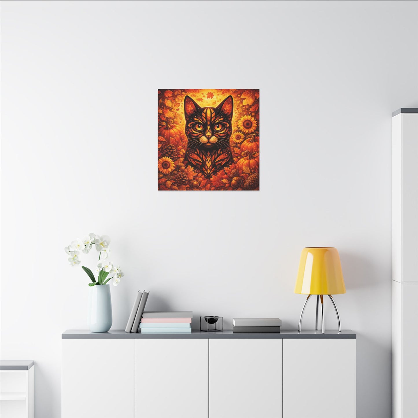 Autumn Cat Canvas Art — Pumpkin & Sunflower Fall Wall Decor