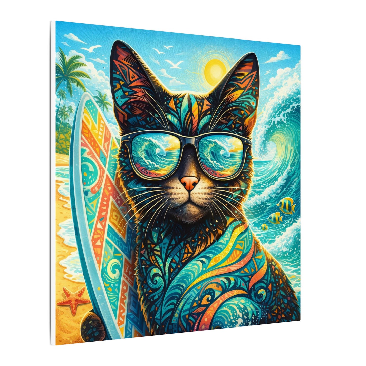 Surf Cat Canvas Wall Art — Colorful Tropical Cat with Sunglasses