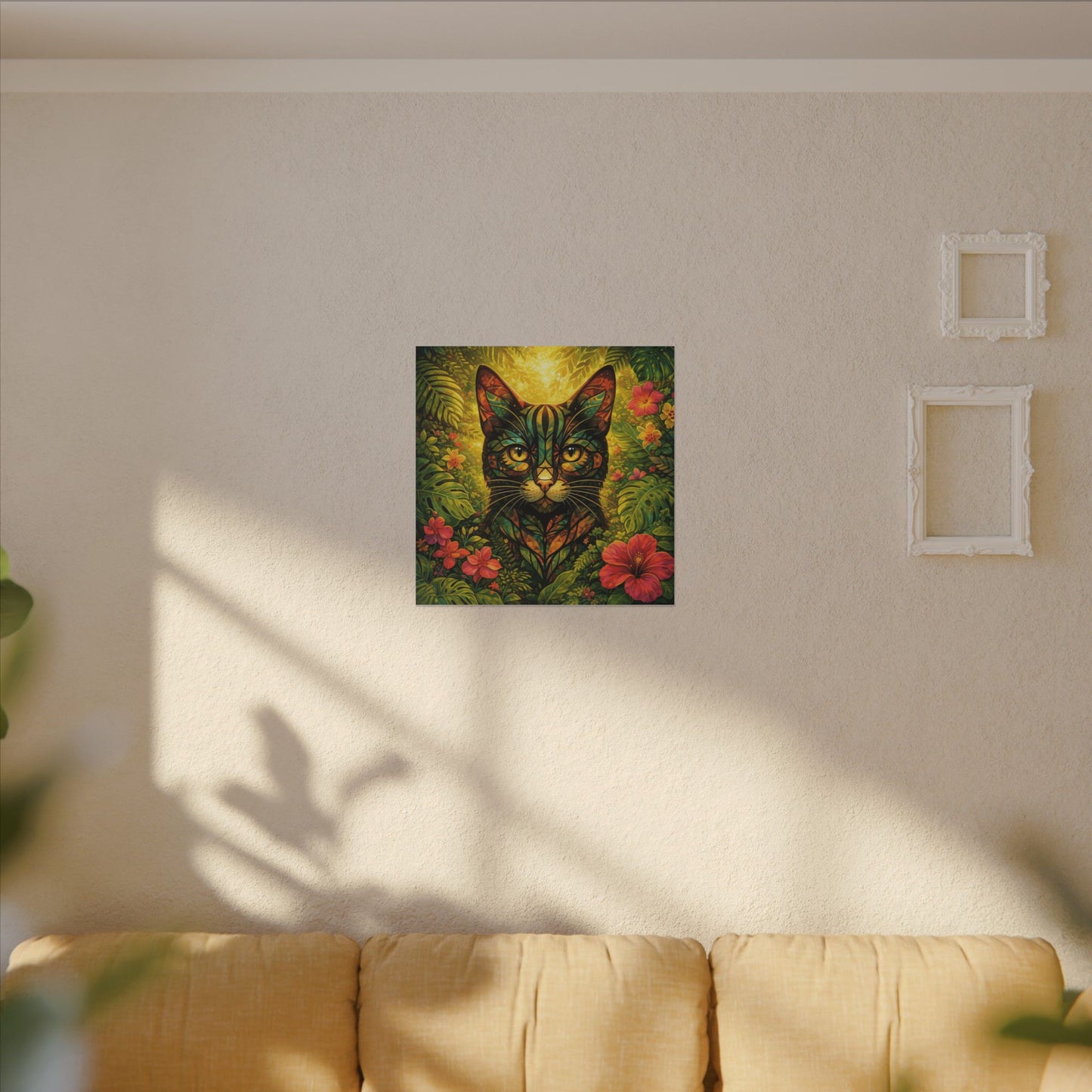 Tropical Cat Canvas Wall Art — Colorful Botanical Cat Portrait on Matte Stretched Canvas